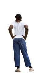 A man in a white T-shirt on a White background, his back hurts, back view
