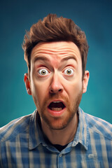 Portrait of a surprised man with an exaggerated expression, eyes wide open and mouth agape, against a dark background.