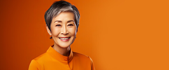 Elegant, smiling, elderly, chic Asian woman with gray hair and perfect skin on an orange banner background.