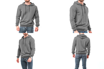 A young man with a beard models a white hoodie in a studio. Design template for printing ads on the sweatshirt. front and back views of the streetwear fashion. The man wears a casual streetwear style