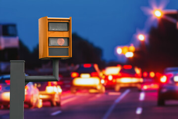A radar-equipped speed camera monitors the traffic on a road, flashing a yellow light when it...