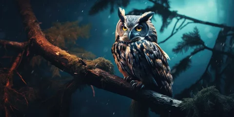 Gordijnen Owl on the branch during night, wildlife and nature concept © Khaligo