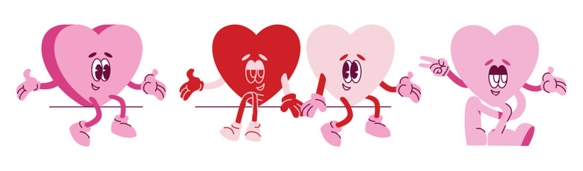 Happy Valentine's Day. Groovy retro mascot happy hearts characters set. Trendy retro 60s 70s style emoji. Y2K aesthetic. Romantic vector Hippie happy hearts in cartoon style isolated on background