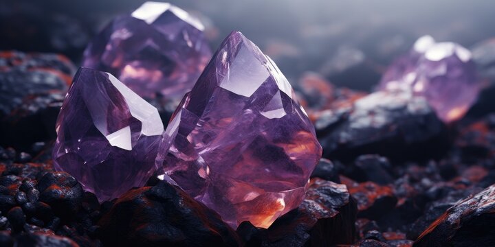 Macro detail to precious stone consisting of a violet or purple variety of quartz, ametyst raw material stone, jewelry concept