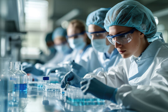 Scientists in chemistry lab medical research laboratory working, Analyzing test, Advanced scientific pharmaceutical lab for medicine biotechnology development