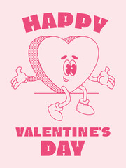 Happy Valentine's Day greeting card. Groovy retro mascot happy hearts. Trendy retro 60s 70s style emoji. Y2K aesthetic. Romantic vector Hippie happy hearts in cartoon style with text isolated