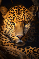 Close-up of a jaguar's intense gaze, with sharp eyes piercing through the shadowy jungle ambiance.