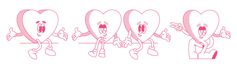 Happy Valentine's Day. Groovy retro mascot happy hearts characters set. Trendy retro 60s 70s style emoji. Y2K aesthetic. Romantic vector Hippie happy hearts in cartoon style isolated on background