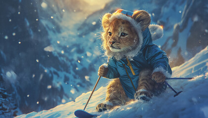 Adventurous Skiing Cat in Snowy Mountain Scenery - obrazy, fototapety, plakaty