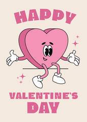 Happy Valentine's Day greeting card. Groovy retro mascot happy hearts. Trendy retro 60s 70s style emoji. Y2K aesthetic. Romantic vector Hippie happy hearts in cartoon style with text isolated