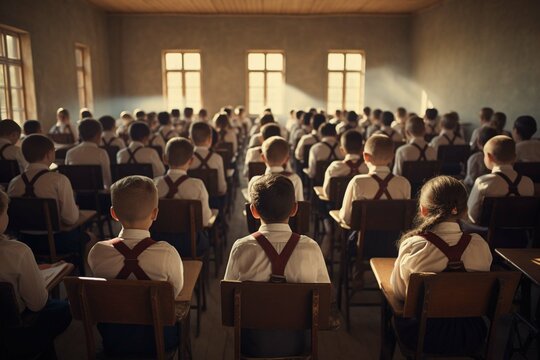 School Children In A Rural School Are Sitting In A Lesson At Their Desks With Their Backs To The Camera.The Concept Of Back To School.Generative AI 