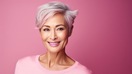 Obraz na płótnie Canvas Elegant, smiling, elderly, chic Asian woman with gray hair and perfect skin on pink background banner.