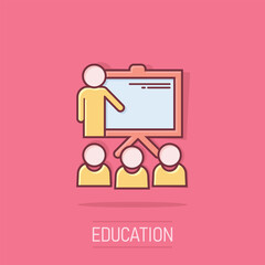 Training education icon in comic style. People seminar vector cartoon illustration pictogram. School classroom lesson business concept splash effect.