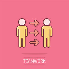 People referral icon in comic style. Business communication vector cartoon illustration pictogram. Reference teamwork business concept splash effect.