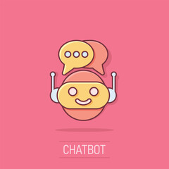 Cute robot chatbot icon in comic style. Bot operator vector cartoon illustration pictogram. Smart chatbot character business concept splash effect.