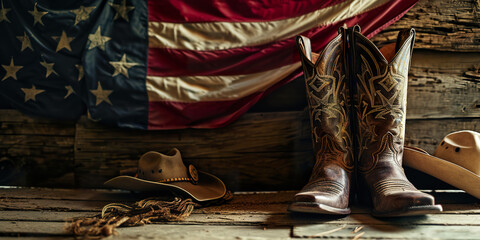 Cowboy boots and hat with flag, western theme, copy space - obrazy, fototapety, plakaty