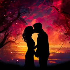 Silhouette of a couple sharing a kiss against a colourful sunset. Love. - Generative AI