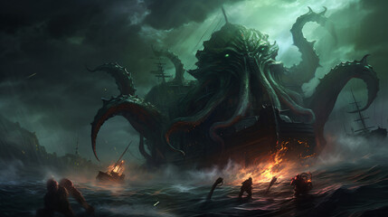 Dark fantasy scene showing Cthulhu the giant sea monster - obrazy, fototapety, plakaty