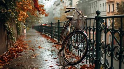 Papier Peint photo Lavable Vélo Bicycles parked on a bridge in the rain. Autumn cityscape.