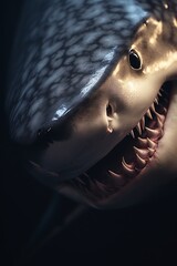 a close up of a shark's face