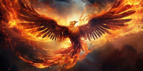 Mystic phoenix with burned, fiery core background