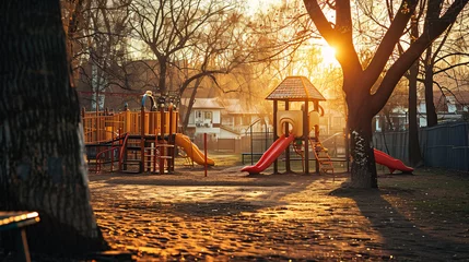 Zelfklevend Fotobehang Children's playground in the park at sunset, Moscow, Russia. © Argun Stock Photos