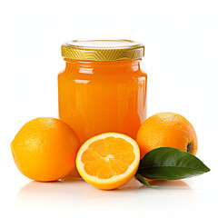 a jar of orange jam next to oranges