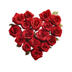 Red roses in heart shape isolated on transparent background. Top view.
