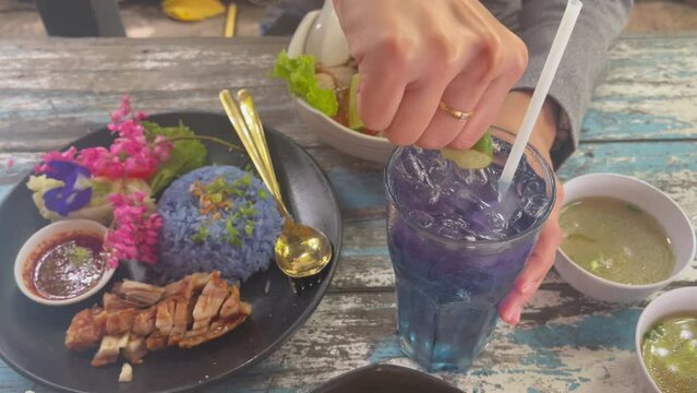 Butterfly pea or blue pea juice ice cool drink with lime, stock footage