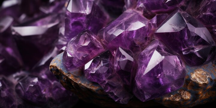 Macro detail to precious stone consisting of a violet or purple variety of quartz, ametyst raw material stone, jewelry concept
