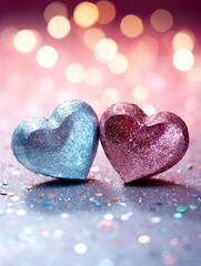 Fototapeta premium Valentines day festive background with two hearts In Shiny Background Valentine's Day glitter background