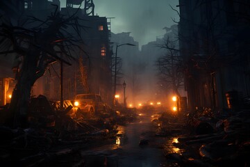 Abandoned city after the fire in the middle of night.