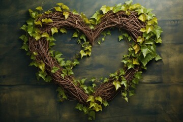 Fototapeta na wymiar Handcrafted Vine Heart Wreath on Green Textured Background. Valentine's day concept.