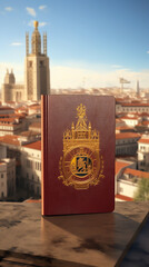 a red book with gold embossed design on it