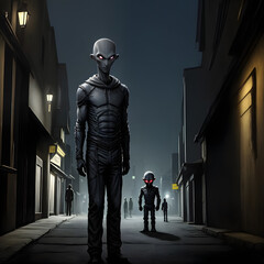 Fototapeta na wymiar Generative AI grey alien creatures in a dark city alley