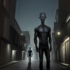 Generative AI grey alien creatures in a dark city alley - obrazy, fototapety, plakaty