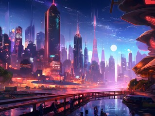Futuristic city at night. Panoramic view of skyscrapers and bridge.