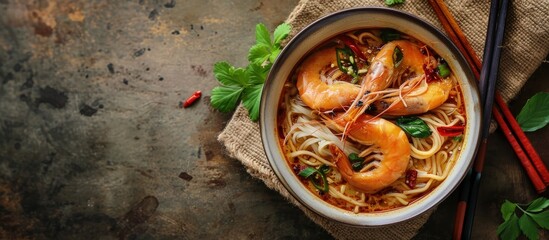 Bowl of curry laksa a spicy glass noodle dish popular in Southeast Asia with prawns bok choy lime ginger and chili Most variations of laksa are prepared with a rich and spicy coconut soup - obrazy, fototapety, plakaty