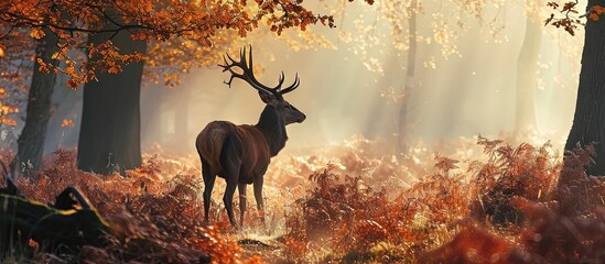 Beautiful image of red deer stag in forest landscape of foggy misty forest in Autumn Fall. Creative Banner. Copyspace image - obrazy, fototapety, plakaty