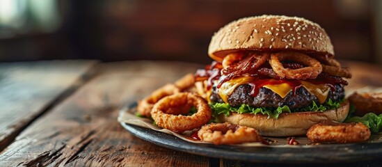 burger with onion rings and barbecue sauce with pepperjack cheese on plate. Creative Banner. Copyspace image - obrazy, fototapety, plakaty