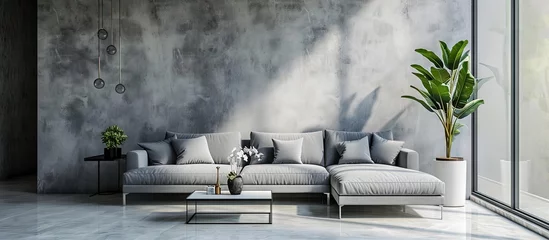 Fototapeten Living room with grey wall and orchid with plane space. Creative Banner. Copyspace image © HN Works