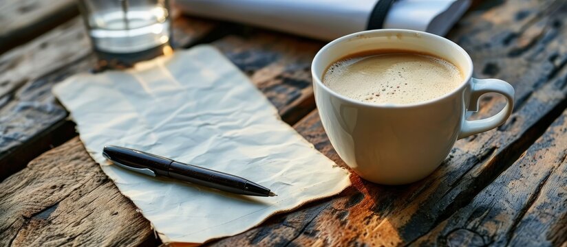 Blank Pad of Paper ready for your own text Pen Coffee. Creative Banner. Copyspace image