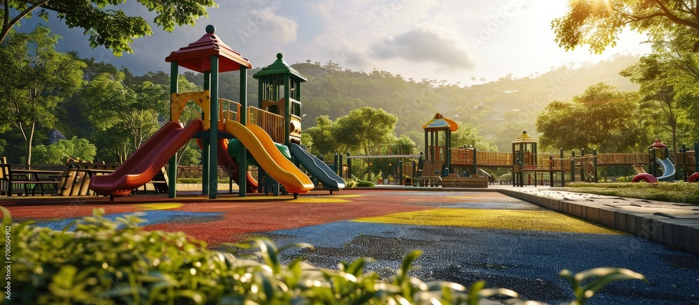 Poster An image of a colorful children playground without children. Creative Banner. Copyspace image