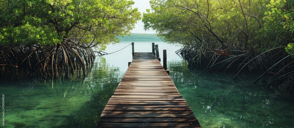 Poster boat ramp in the middle of the mangrove forest. Creative Banner. Copyspace image