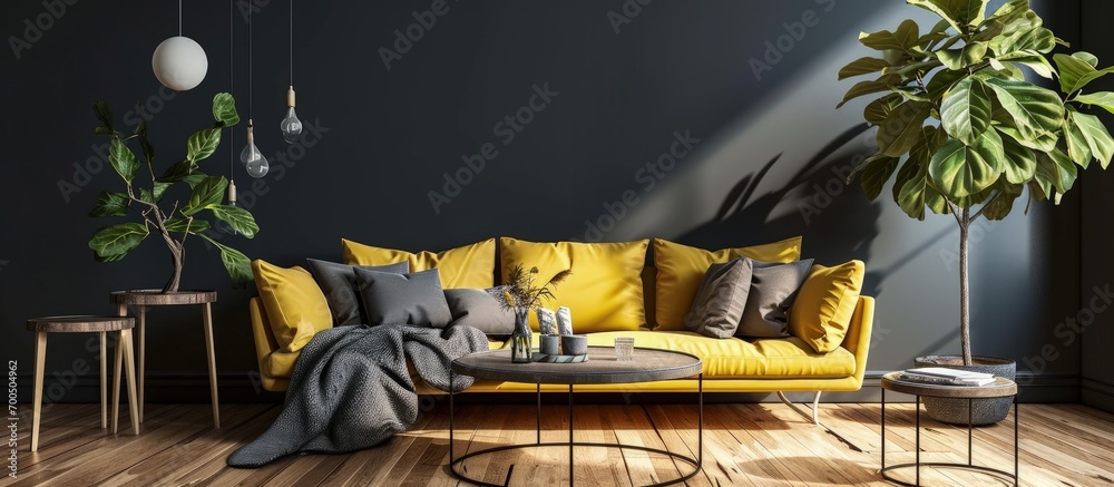 Poster bright and minimalist living room with comfortable cushions and gray blanket on a yellow sofa round 