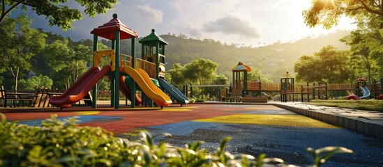An image of a colorful children playground without children. Creative Banner. Copyspace image - obrazy, fototapety, plakaty