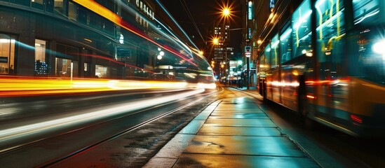 Fototapeta na wymiar Bus passing by in the street at night slow shutter speed motion. Creative Banner. Copyspace image