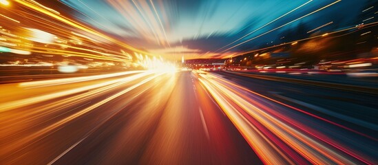 driving at high speed in empty road motion blur. Creative Banner. Copyspace image