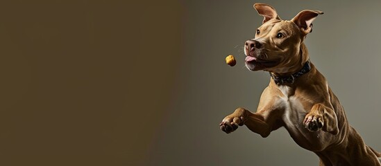 A fawn colored Pit Bull Terrier mixed breed dog about to catch a treat in the air. Creative Banner....