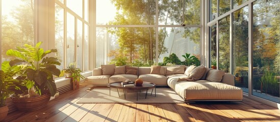 Elegant bright and comfortable designed living room with big corner sofa wooden floor and big windows. Creative Banner. Copyspace image